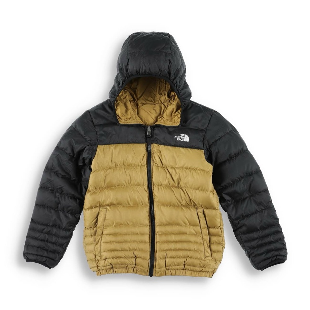 Boys North Face Goose Down Jacket Hooded Size S Black/Khaki